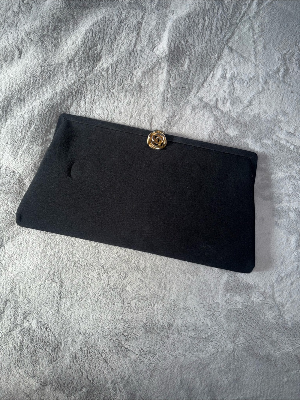 Vintage Harry Levine Black Satin Clutch with Gold Rose Accent